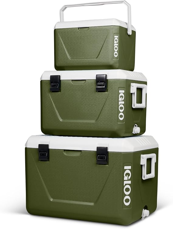 IGLOO Stackable Passive Cool Boxes Set 55L + 27L + 11L - Space Saving Camping Cool Boxes Robust & Lightweight Ideal for Picnic Beach Outdoor & Leisure - Can be Stored Inside Each Other Green