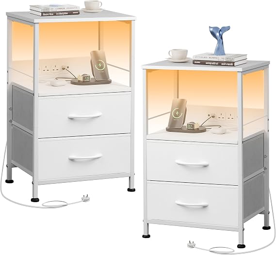 WLIVE White Bedside Table with Drawers, Bedside Cabinet with LED Lights and Charging Station, Side Table for Bedroom, Living Room, Small Spaces (White, 2pcs)