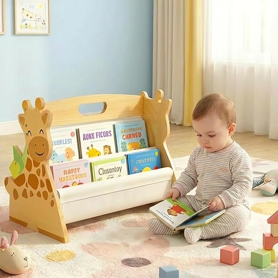 Wooden Kids Bookshelf, Double Sided Baby Book Shelf with Canvas Storage