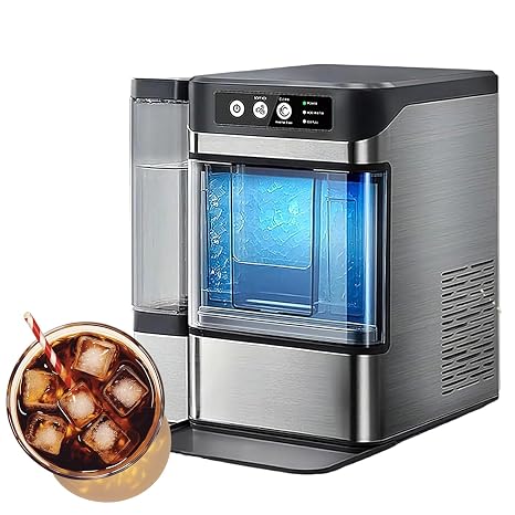 Countertop Ice Maker, Nugget Ice Machine with Side Water Tank, 38 Lbs Per Day, Self-Cleaning, One-Click Operation, Stainless Steel for Home, Office, Bar