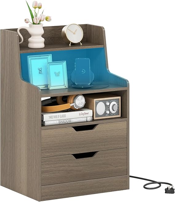 COSTWAY LED Bedside Table with Charging Station, Smart Nightstand End Sofa Side Table with RGB Light Color, 2 Drawers & Storage Shelves, Bedside Cabinet Chest for Living Room Bedroom (1, Grey)