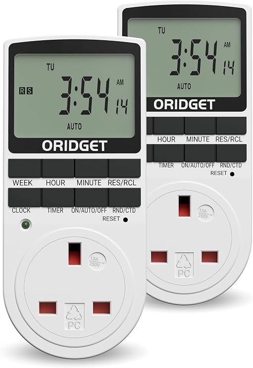 ORIDGET Digital Electrical Timer Plug Socket, 2 Pack (13A / 2900W)