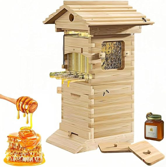 Flow Hive Beehive Starter Kit, Complete Bee Box with Observation Window & Honey Spout,Includes Carpenter Bee House for Garden Pollinators,Bee Hive for Beekeeping
