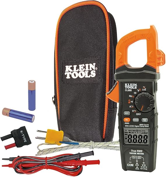 Digital Clamp Meter AC/DC Auto-Ranging 600 Amp Measures Voltage, Resistance, Temp, More Klein Tools CL800,Black/Orange