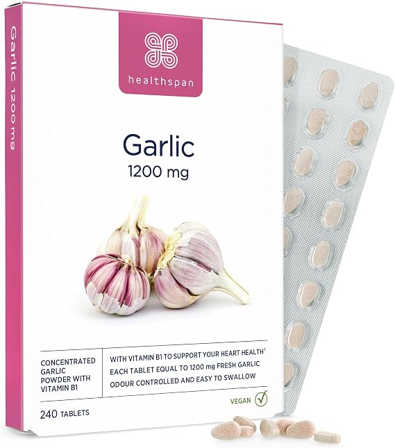 Healthspan Garlic 1,200mg (240 Tablets) | Supports Heart Health & the Respiratory System | Maintains Normal Cholesterol Levels | Added Vitamin B1 | Odour-Controlled & Easy to Swallow | Vegetarian