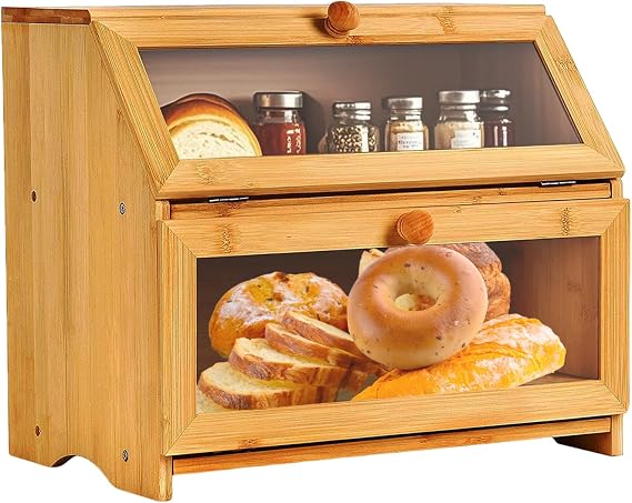 Gute 2-Tier Bamboo Bread Box with Clear Window Large Capacity Food Storage