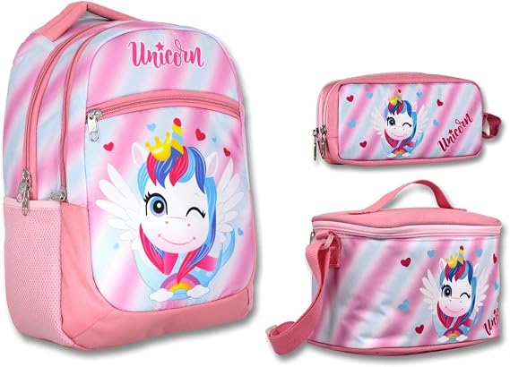 Cennec Pembe Sevimli Unicorn İlkokul Sırt Çantası Seti - Kız Çocuk - 30x40x17 cm - Üç Bölmeli