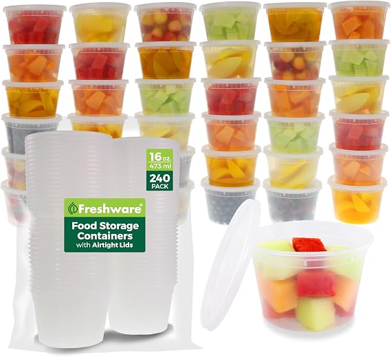 Freshware [240 Pack 16 oz Food Storage Containers With Lids, Plastic Containers, Freezer Safe | Meal Prep | Stackable | Leakproof | BPA Free, Clear