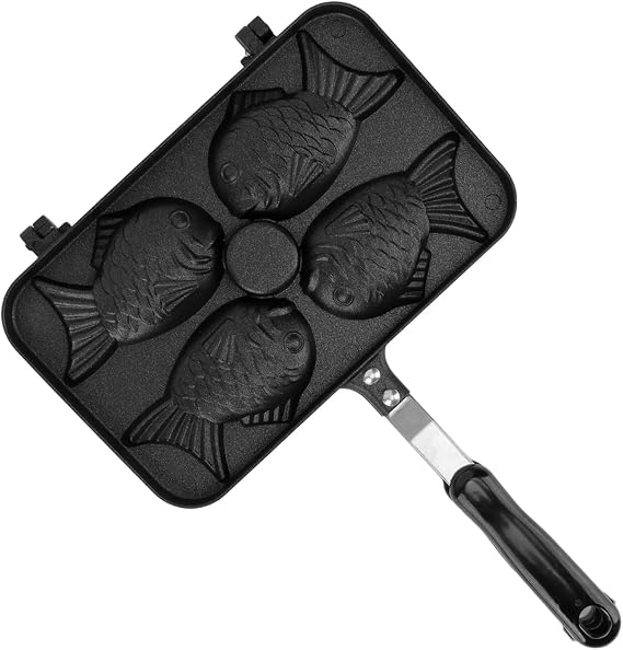 Taiyaki Fish-Shaped Pan,Double-Sided Waffle Aluminum 4-Fish-Shaped Frying Pan with Handle,for Kitchen and Outdoor Use(14.5x24x3cm)