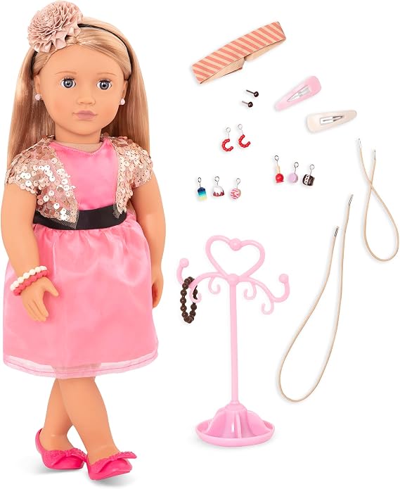 Our Generation Audra – 46 cm küpeli bebek – kahverengi saç ve mavi gözler – takı aksesuarları – taklit oyun – 3 yaşından büyük çocuklar için oyuncak