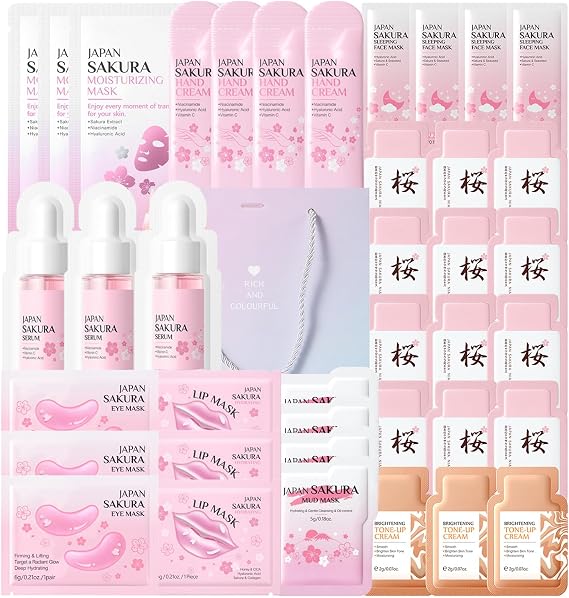 Sakura Face Mask Set 40PCS - Sakura Skincare Gift Set - Cherry Blossom Face Mask Hamper with Sheet, Mud, Sleeping,Lip & Eye Masks - Ultimate Pamper Beauty Bag for Women & Teenage Girls