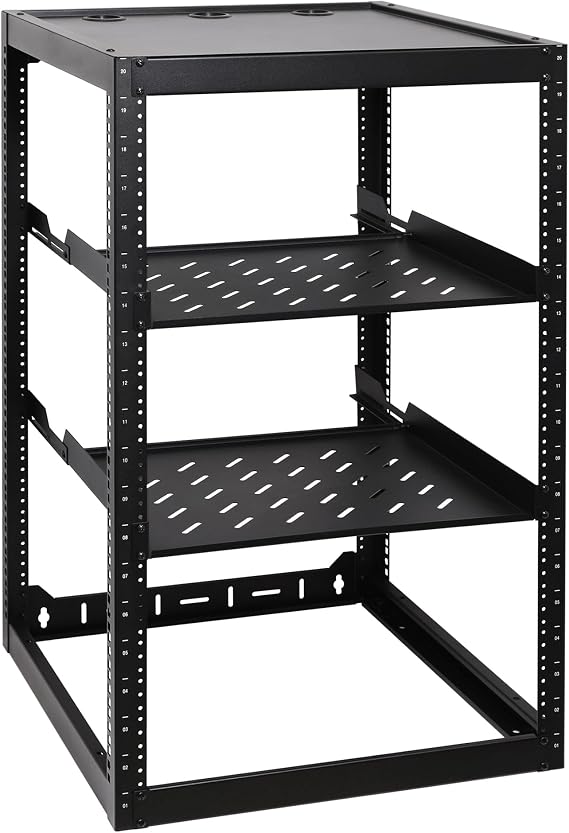 RackPath 20U Open Frame Network Rack with 2X 14in Vented 1U Shelves Rear Support, Wall Mount/Floor Standing Network Cabinet, Heavy Duty 150 lbs Capacity for IT & AV Gear, Audio and Video Device