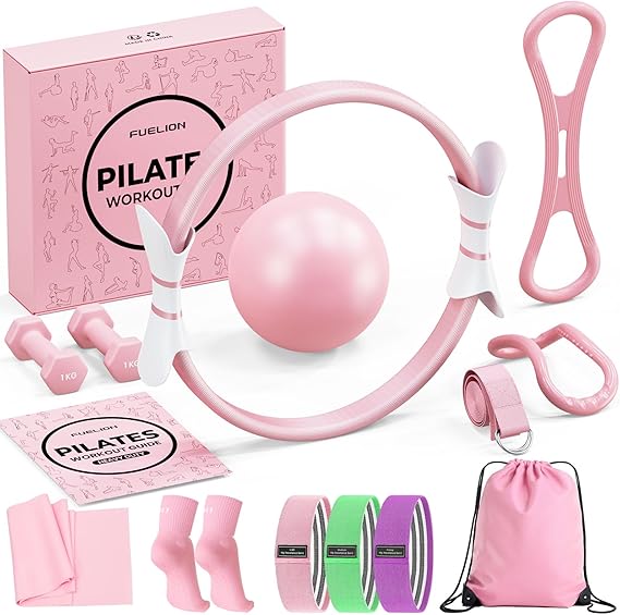 Premium Pilates Ring Set 16 in 1 Pilates Kit with 14" Magic Circle, Mini Ball, 3 Resistance Bands, Yoga Accessories, 2lb Dumbbells, Bag&Workout Guide,Pilates Equipment for Home Workouts-Pink