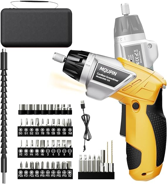 Electric Screwdriver, 6+1 Torque Cordless Screwdriver 2000mAh 3.6V with 47 Accessories, LED Light and Rear Flashlight, USB Cable and Storage Bag