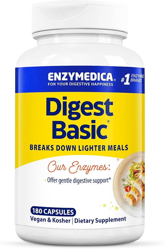 Enzymedica Digest Basic, Essential Digestive Enzymes for Everyday Meals, Helps Break Down Protein, Carbs and Fats, 180 Vegan Capsules, High Dose, SOYA Free, Vegetarian, Gluten Free, Non-GMO