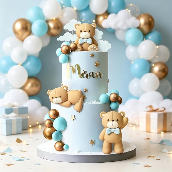 JeVenis Luxury Blue Bear Cake Decoration Blue Gold Balls Cake Topper