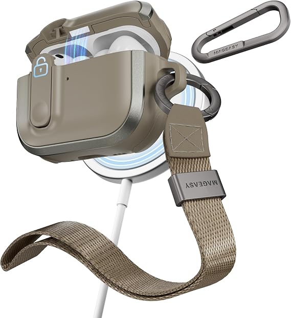 MAGEASY Odyssey AirPods Pro 3 ケース 耐衝撃保護カバー ロック付き カラビナクリップ&リストストラップ ワイヤレス充電対応 落下保護 Apple AirPod 第3世代メタルサンド