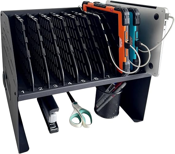 Laptop Charging Station for Classroom, Office or Home, 10 Device Organizer with 6 AC Outlets and 4 USB Ports, Fits Laptops, Tablets and E-Readers