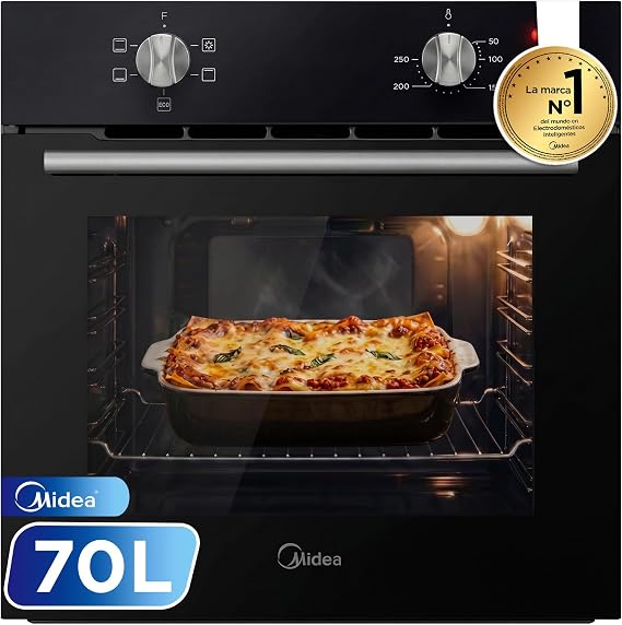 Midea 70L and 2100W Conventional Recessed Electric Oven - Black Built-in Oven with 4 Functions, ECO Mode - Ovens with Low Consumption LED Light, Double Glass Door, Universal Tray, and Grill [Energy Class A]