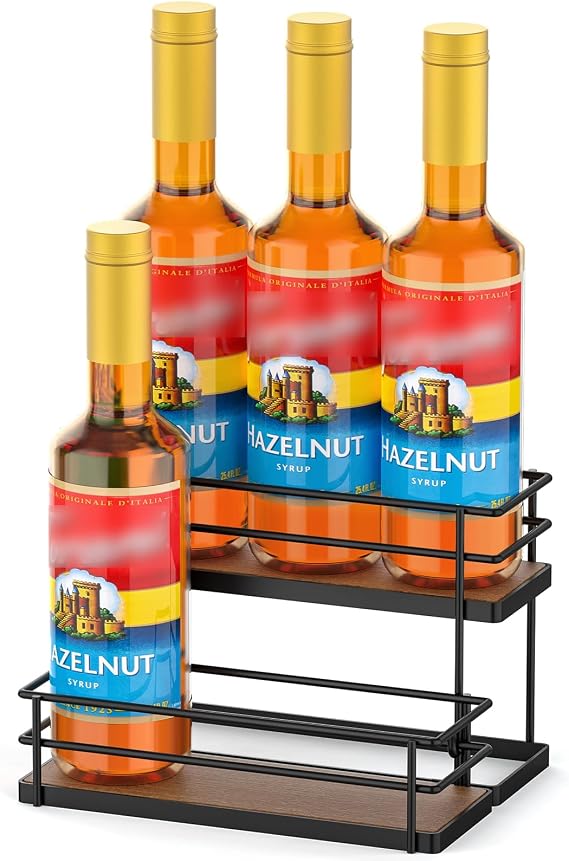 THYGIFTREE Coffee Syrup Rack Organizer - 6 Bottle Syrup Holder Stand with 2-Tier Storage Shelves for Dressing & Coffee Station