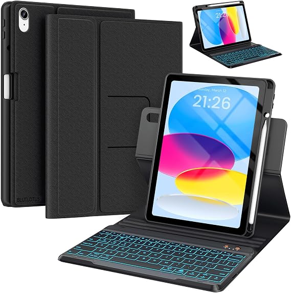 BLUTLOTUS Keyboard Case for iPad 10th Generation 2022 10.9 inch,360° Rotatable Keyboard Case with Pencil Holder, 7 Color Backlit Detachable Bluetooth Keyboard,Smart Folio Tablet Cover (Black)
