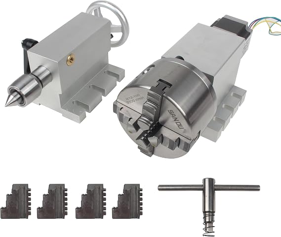 CNCTOPBAOS Engraving Machine Rotary 4th Axis,CNC Router Rotational Fourth A Axis,K12-100mm 4 Jaw Chuck Dividing Head,No Backlash Gapless Harmonic Gearbox Ratio 50:1+Nema23 Motor+65mm Tailstock
