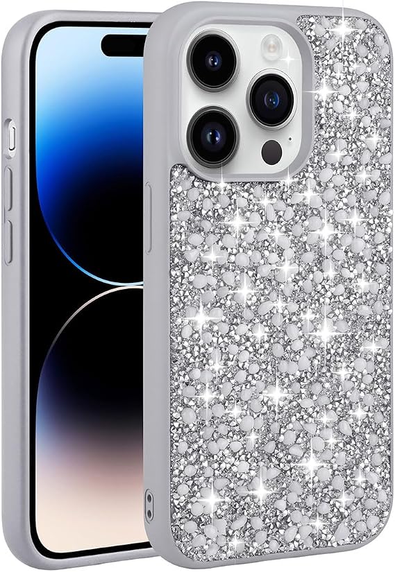 Spia Apple iPhone 14 Pro ile uyumlu Kılıf Gümüş Lyra Taşlı Kapak Dayanıklı Darbe Karşıtı Koruyucu Tasarım (Apple iPhone 14 Pro, Gümüş)