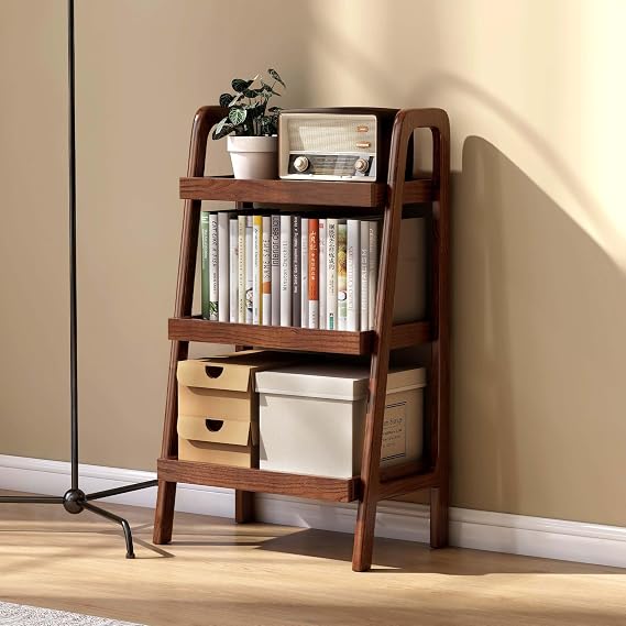 YESWOOD Solid Oak End Table with 3 Tier Storage Shelves, Walnut Finish Ladder Shelf Side Table for Bedroom Living Room, Small Bookshelf Plant Stand, FAS Red Oak Furniture