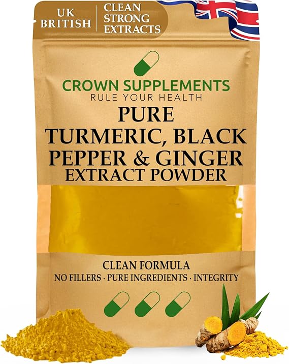 Pure Turmeric and Black Pepper Ginger Powder | Clean Curcumin Piperine Gingerols |Crown Supplements UK (100G)