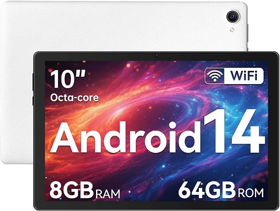 Hakaug Tablet 10 Inch Android 14 Tablets PC Octa-Core 8 GB RAM 64 GB ROM 1 TB TF Extension 1280x800 IPS Touchscreen WiFi 6 Widevine L1 Dual Camera 5000 mAh (White)