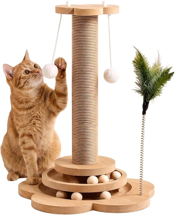 Cat Scratching Post, Sturdy Wooden Cat Scratcher with Dangling Toy