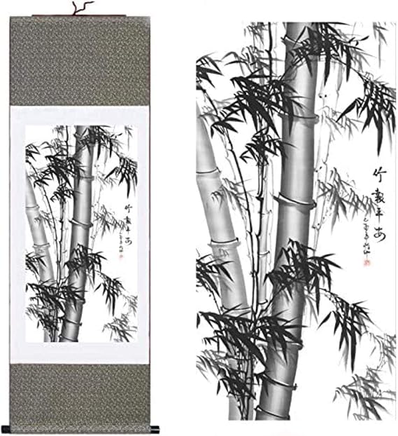 VoOqo chinese scroll hanging painting,scroll painting, Chinese style silk Chinese painting Bamboo Home Decorating calligraphy scroll hanging kind gift(H55 x W18 Wallet) 55018