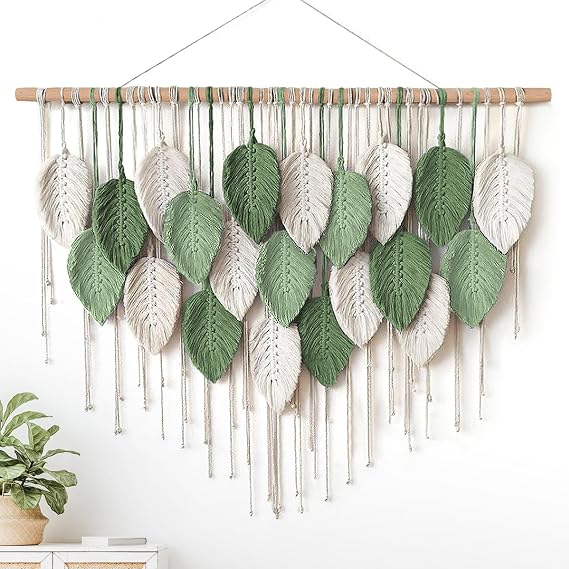 Weldomcor Large Macrame Wall Hanging Boho Wall Art Green Woven Tapestry Modern Bohemian Handmade Leaf Feather Chic Wall Decor for Bedroom Living Room Nursery Apartment Ornament (D)