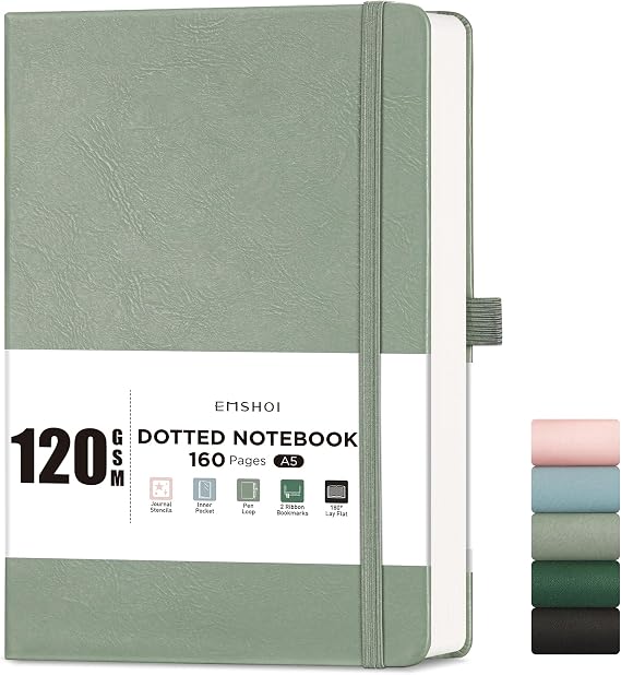 EMSHOI A5 Notebook, Hardcover Dotted Journal, 160 Pages, Light Green