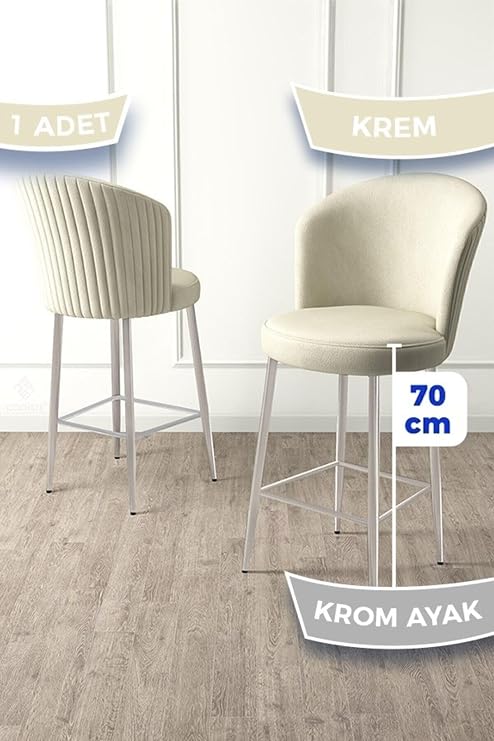 Fora Serisi Ada Mutfak Bar Sandalyesi, Krom Metal Ayaklı, Babyface Kumaş, Krem, 70 cm Oturum Yüksekliği