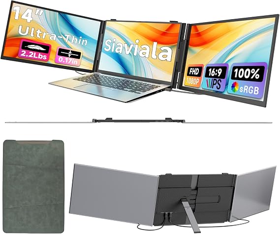 Ultra-Thin Portable Monitor for Laptop 14 Inch Triple Laptop Screen Extender 1080P FHD Laptop Screen Extender Ultralight Travel Monitors for 13.3-17.3 Inch Laptops Compatible with Windows/Mac