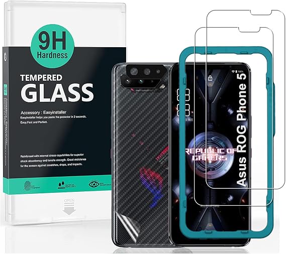 Ibywind Screen Protector (2 Pack) For Asus Rog phone 5/5 Pro/5 Ultimate,9H Hardness Tempered Glass,With 1Pc Metal Camera Lens Protector,1Pc Back Protector,Easy to Install