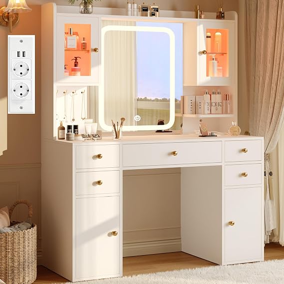 YOUDENOVA Makeup Vanity with LED Mirror, Large Dressing Table with 2 RGB Display Cabinets, 7 Drawers, Jewelry Organizer, Dimmable Lighting, Integrated Sockets and USB, Modern Makeup Table, White