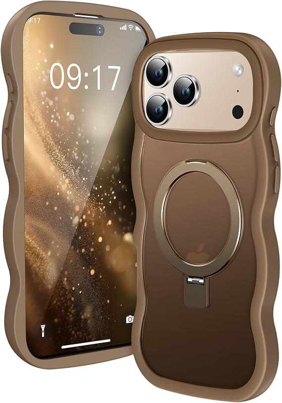 かわいいウェーブフレーム+マガジンスタンド iPhone 18/17 Pro Max用ケース、MagSafe対応半透明シリコン保護磁気リングフォンケースカバー iPhone 18/17 Promax 6.9インチ メンズ レディース
