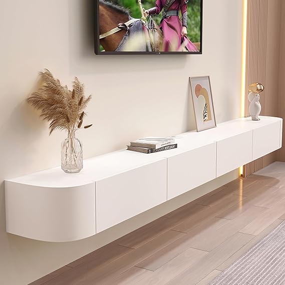 Wall Mounted TV Cabinet, Floating TV Stand, Entertainment Media Console, Floating Shelves With Door, For Storage Hutch Under TV(White,200x20x24CM)