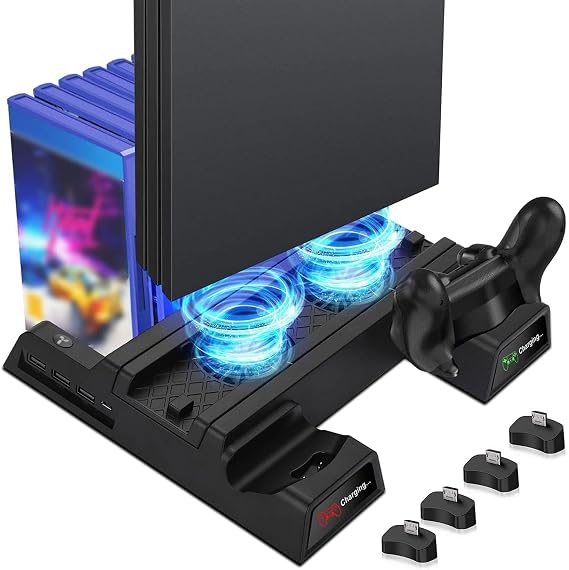 EEEKit PS4 Vertical Stand Cooling Fan Cooler, Controller Charger Dock Station with 12 Game Slots Compatible with PS4 Slim and Pro