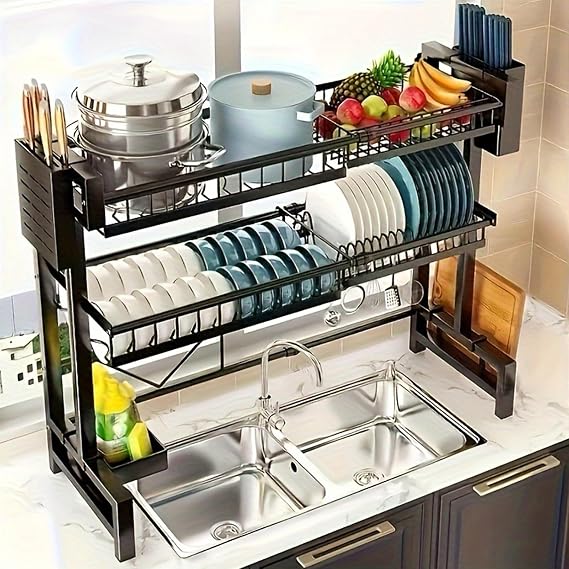 Over Sink Dish Drying Rack Adjustable 24.4"-39.4", 3-Tier Expandable Kitchen Dish Drainer Rack with Utensil Holder, Heavy Duty Black Sink Shelf Organizer for Small Counter Storage