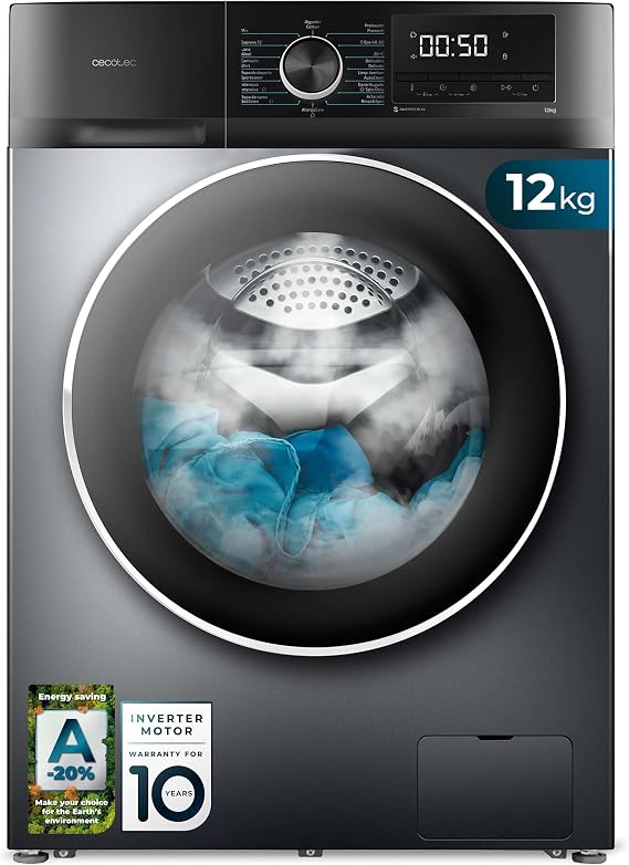 Cecotec Washing Machine 12 kg Front Load Bolero DressCode 12500 Inverter Steel. 1400rpm, 16 Programs, Class A-20%, Low Consumption, Inverter Plus Motor, Steam, Pearl Drum, Delay Start, Drum Clean and [Energy Class A]