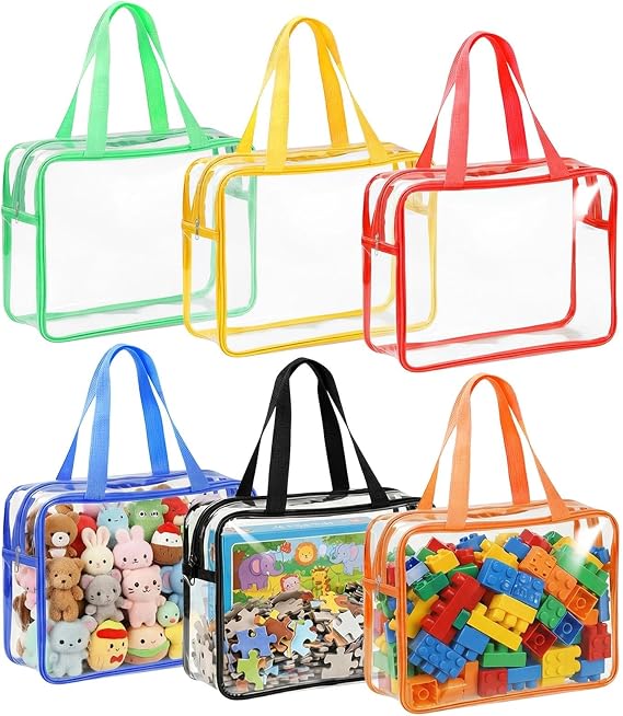 6 Pack Toy Storage Bags with Handles Clear Storage Bags for Toys PVC Organizing Bag Reusable Waterproof Toy Bag Clear Zip Bages for Toys (30 x 22 x 10cm)