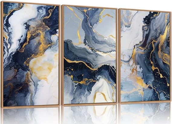 TOARTi Blue Abstract Framed Canvas Wall Art Set,Blue Golden Aesthetic Wall Decor,Navy Blue Gold Wall Painting,Neutral Modern Art Print for Living Room,Bedroom,Dining Room,Office12x16inchx3pcs