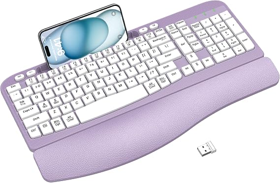 Ergonomic Wireless Keyboard with Cushioned Wrist Rest, Wave Keys, Phone Holder, Comfortable Natural Typing, 2.4GHz Full Size Cordless USB Computer Keyboard for Windows, Mac OS, Laptop, PC (Purple)