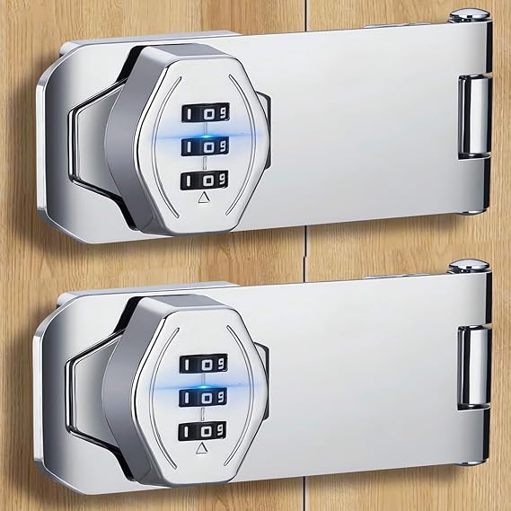 Keyless Bifold Door Lock：3 Digit Household Cabinets Combination Lock - Closet Door Lock - Slide Double Door Lock for Folding Door Drawer Garage Shed Cupboard Barn Pantry 4" 2pcs Silver