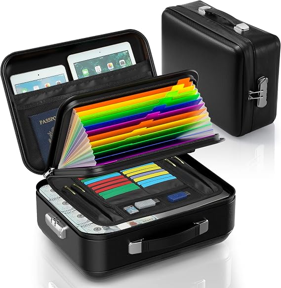 Fireproof Document Box with Lock, Hard-Shell Case File Organizer with Accordion File Folder, Multi-Layer Portable Home Office Travel Safe Box for Important Documents& Valuables (Black)