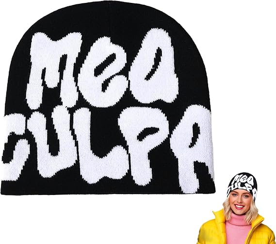Y2K Beanie, Unisex Knitted Cool Y2K with MEA Letter Print, Double Layer Warmwomens Mens Beanie Hats Y2K Accessories Windproof Graphic Cap, 22 x 22cm
