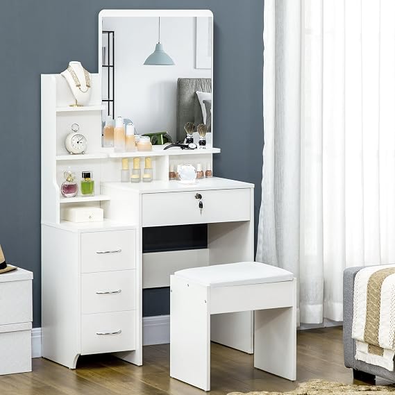 HOMCOM Makeup Vanity with Stool with Mirror 80 x 15 x 143 cm White
